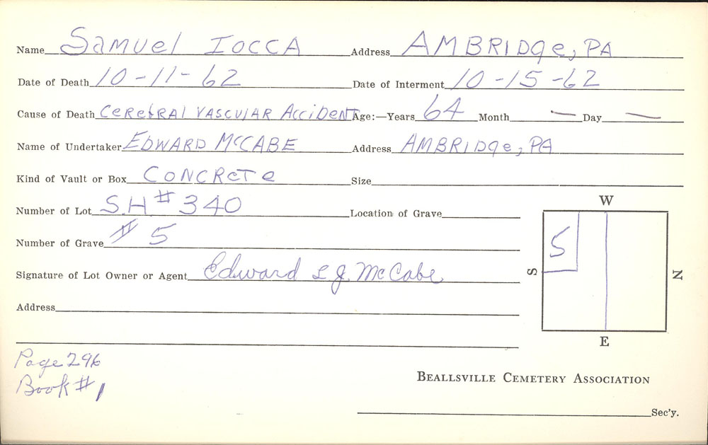 Samuel Iocca burial card